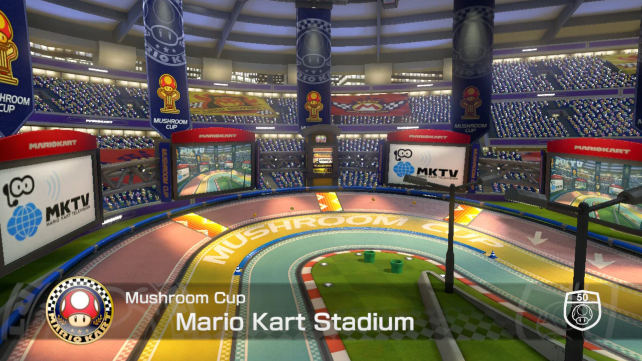 Ecran d'intro de la carte Mario Kart Stadium de Mario Kart 8 Deluxe.
